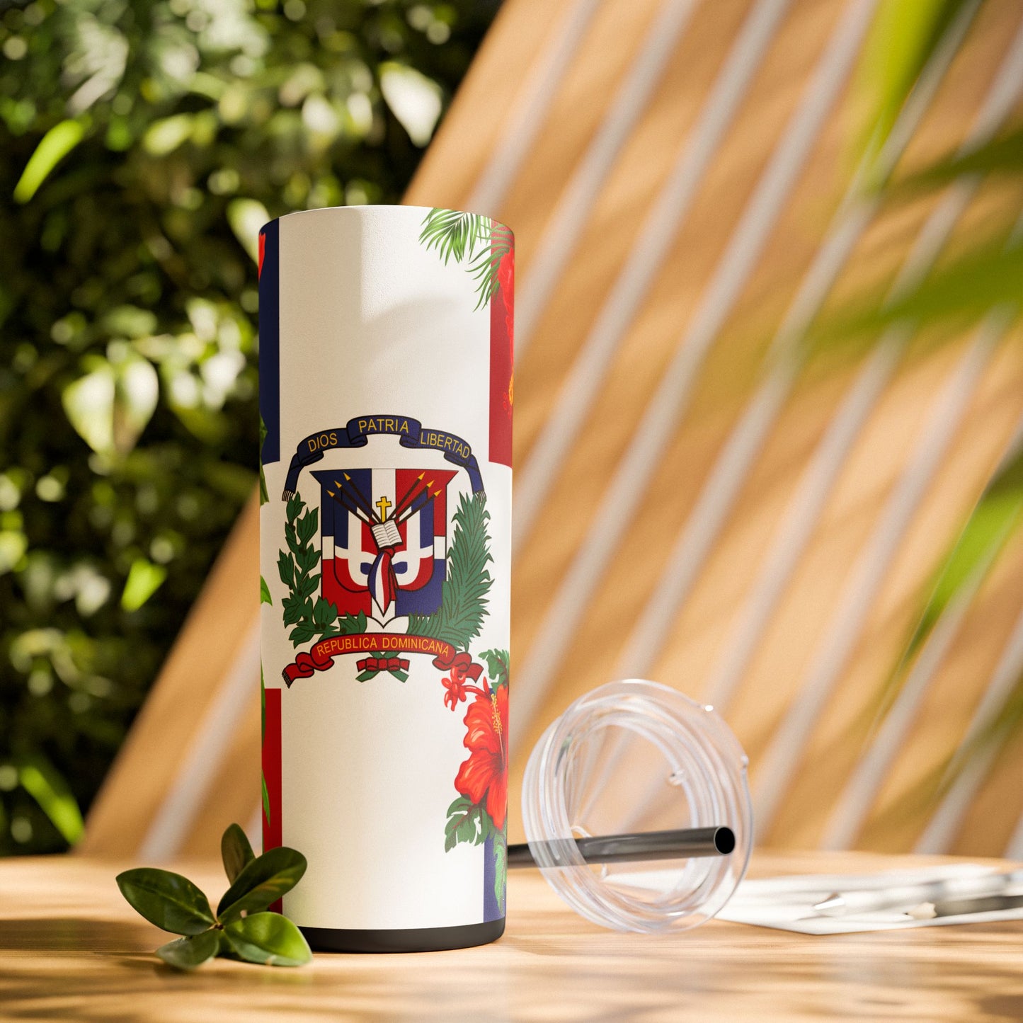 Dominican Flag Skinny Tumbler with Straw - 20oz Floral Design