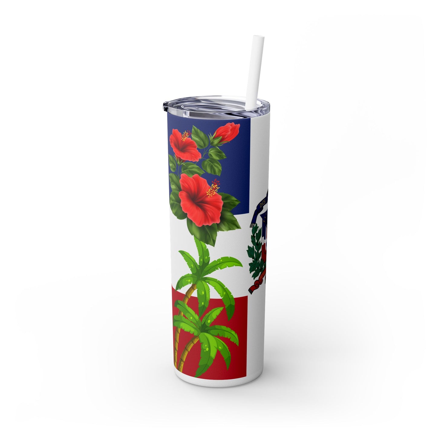 Dominican Flag Skinny Tumbler with Straw - 20oz Floral Design