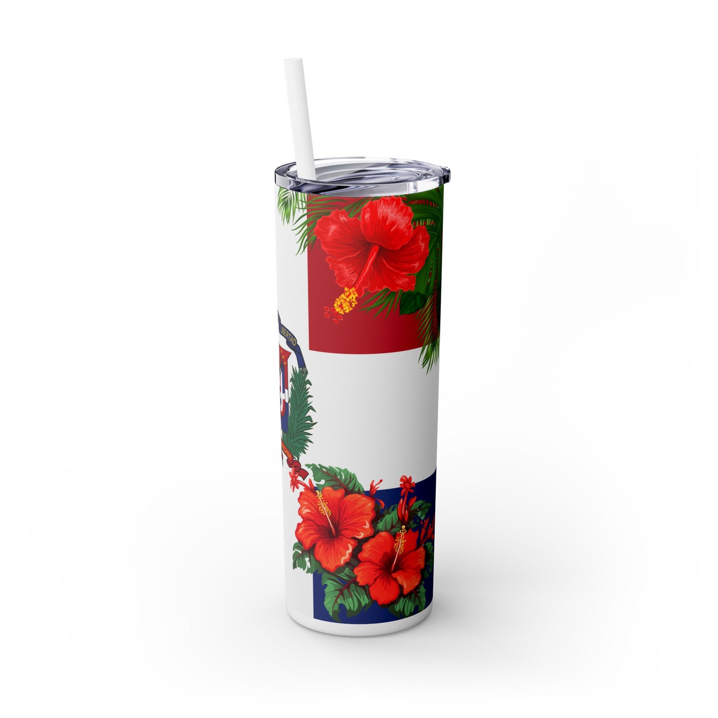 Dominican Flag Skinny Tumbler with Straw - 20oz Floral Design