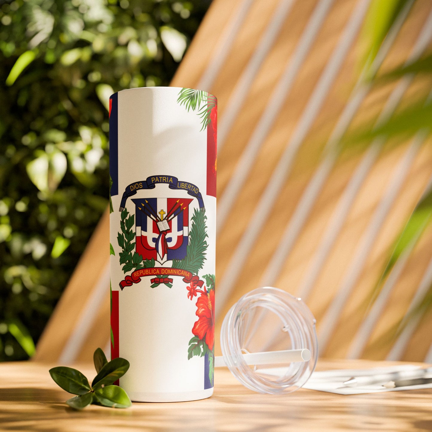 Dominican Flag Skinny Tumbler with Straw - 20oz Floral Design