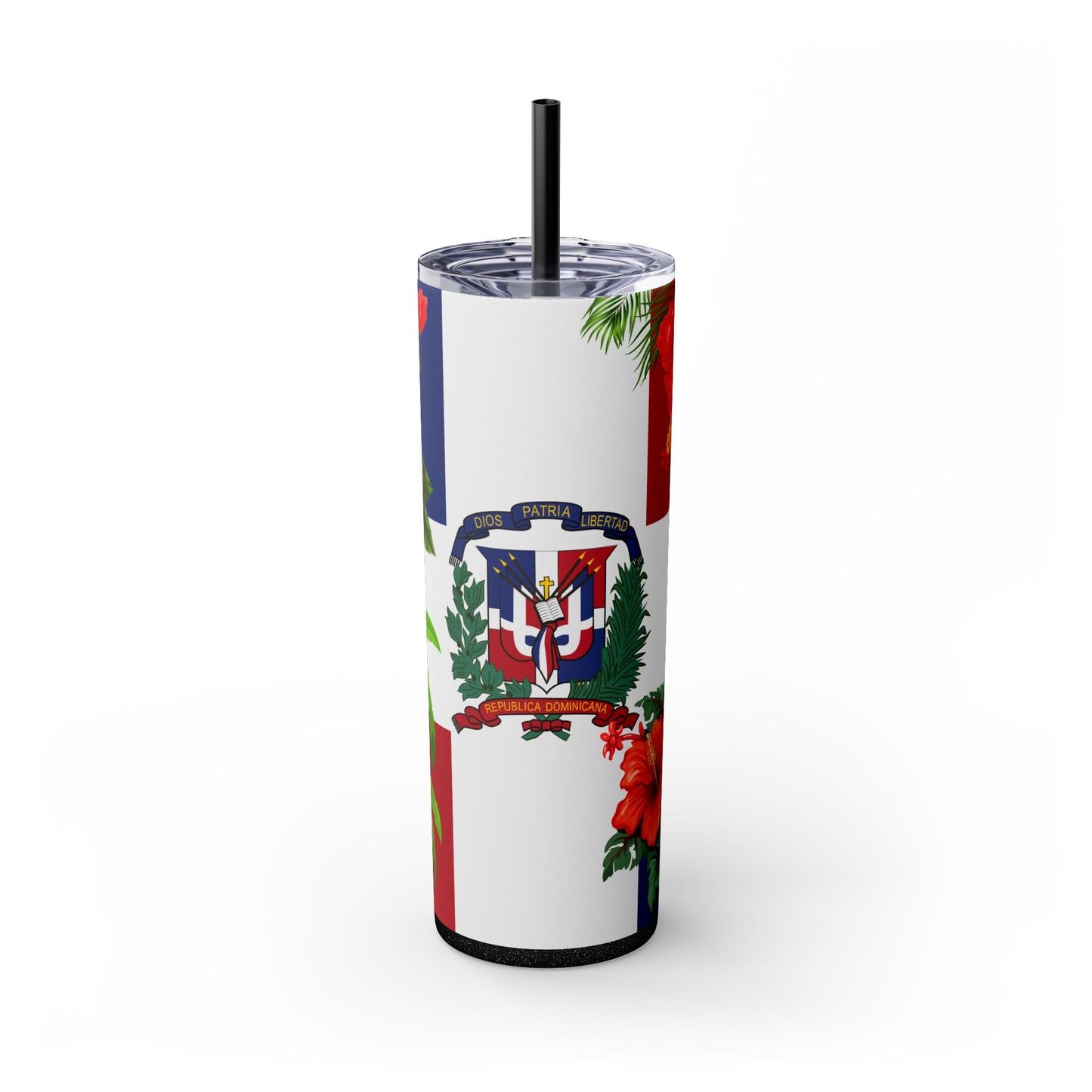 Dominican Flag Skinny Tumbler with Straw - 20oz Floral Design