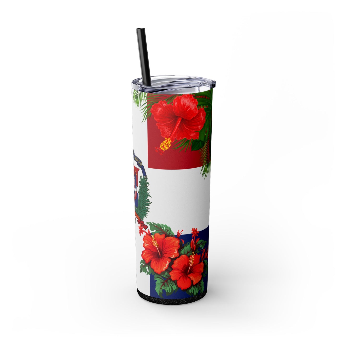 Dominican Flag Skinny Tumbler with Straw - 20oz Floral Design