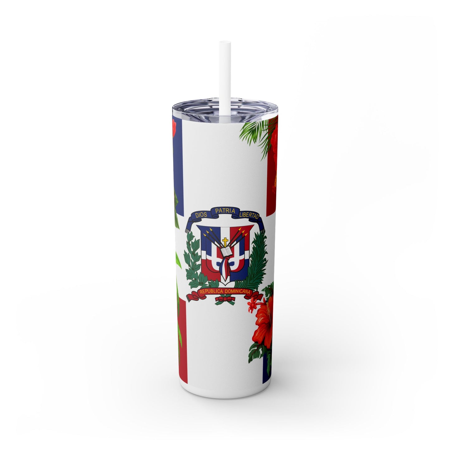 Dominican Flag Skinny Tumbler with Straw - 20oz Floral Design